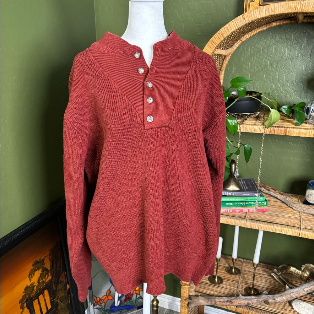 VTG Men's Rust Burnt Orange Button-Neck LL Bean Unique Neck Knit Sweater